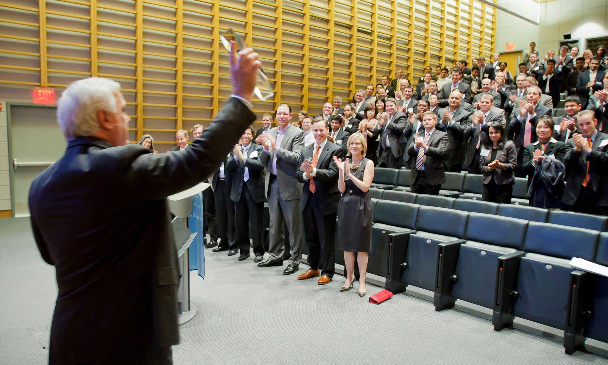 Dr. Terrence W. LaPier receiving Wharton’s Fifteen-Year Outstanding Entrepreneurship Teaching Award before a standing lecture hall